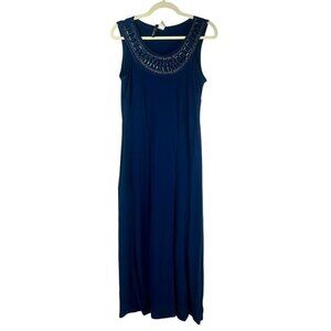 Nick & Dom Jersey Knit Maxi Dress Women Medium Navy Blue Beaded Neck Stretch